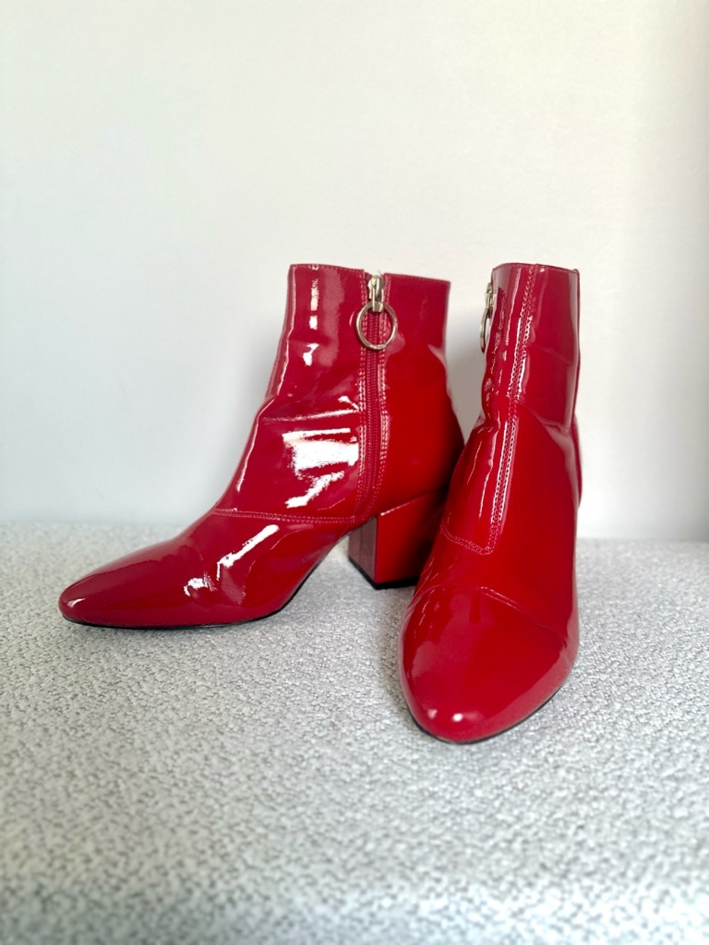 TOPSHOP Bright Red Patent Block Heel Ankle Boots - Picture 4 of 11